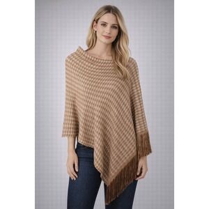 Chico's Tan White Textured Knit Fringe Poncho Sweater Women's Small/Medium